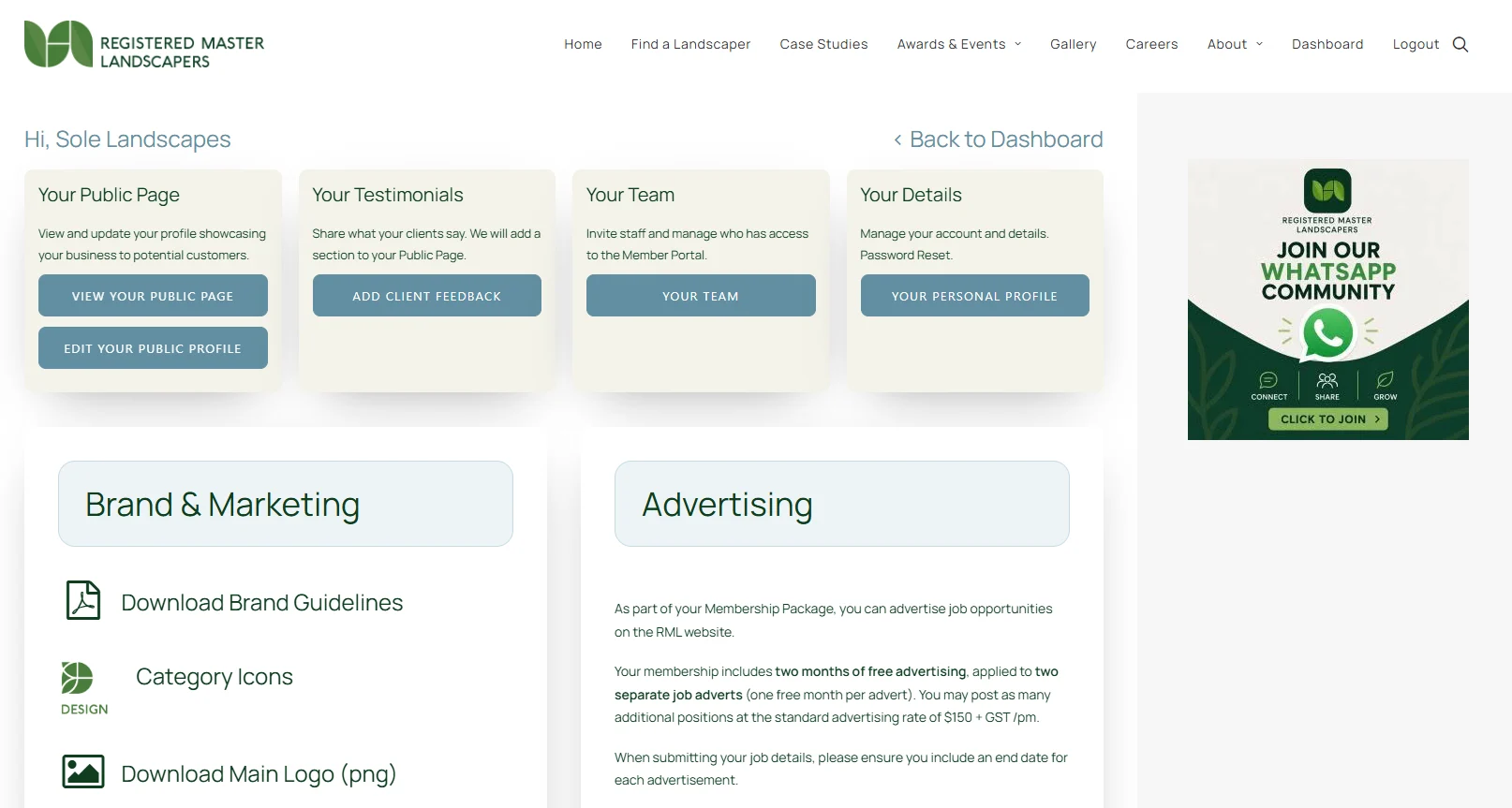 Registered Master Landscapers member dashboard